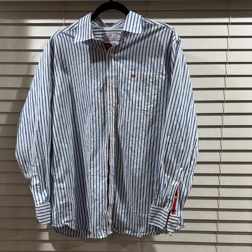 Southern Tide Blue and White Striped Casual Button-Down Shirt